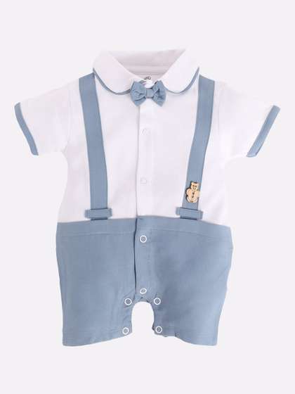 BABY GO Infant Boys
                    White & Blue Colourblocked Cotton Rompers