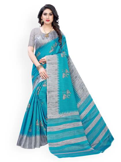 KALINI Blue & Grey Art Silk Printed Khadi Saree