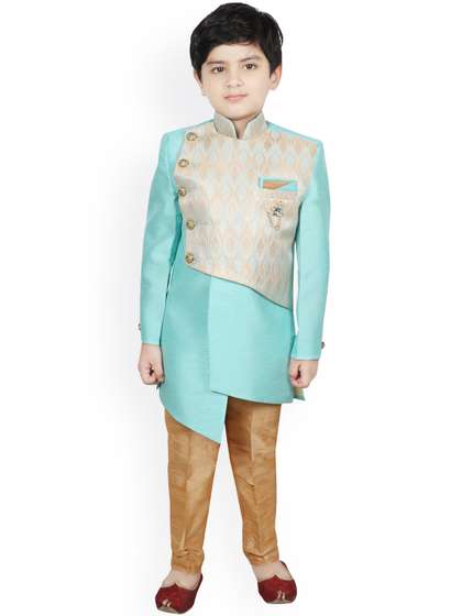 SG YUVRAJ Boys
                          Blue & Tan Brown Woven-Design Sherwani
                          Set