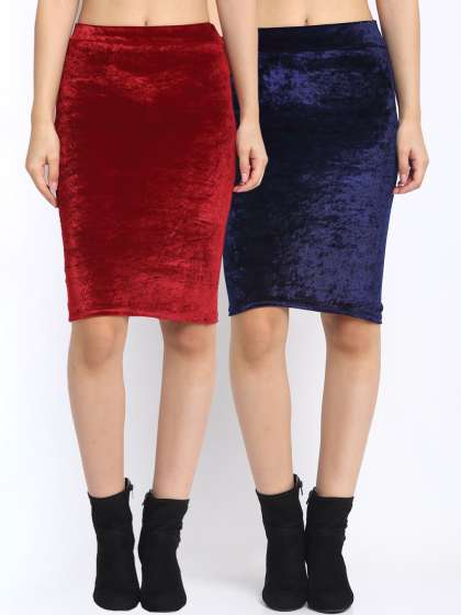NEUDIS Women Pack Of 2 Solid Velvet Pencil Knee-Length Skirts