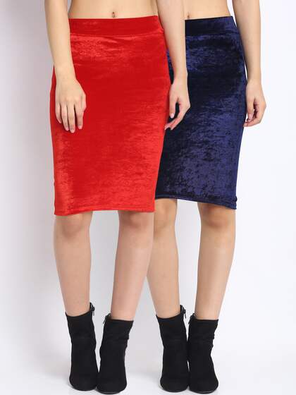 NEUDIS Women Pack Of 2 Solid Velvet Pencil Knee-Length Skirts