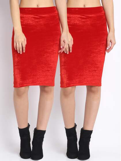 NEUDIS Women Pack Of 2 Red Solid Velvet Pencil Skirts