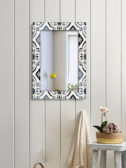 999Store Off White & Black Decorative Flower And Tree Wall Hanging Mirror
