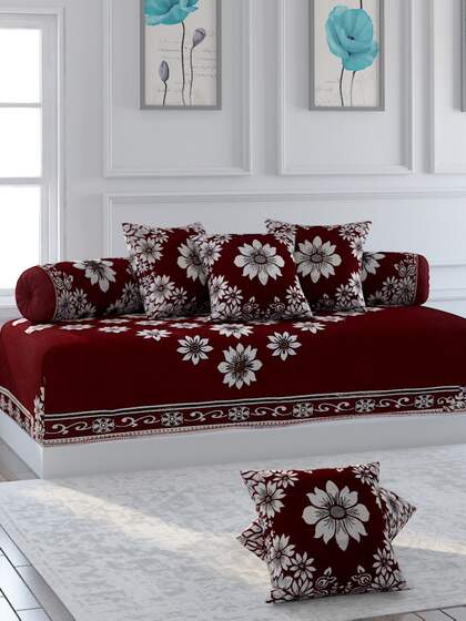 Bromwick Set Of 8 Maroon & White Floral Printed Cotton Diwan Set