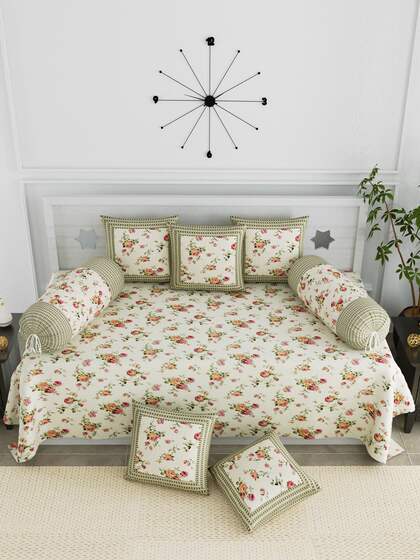 LIVING ROOTS Set Of 8 Beige & Pink Floral Diwan Set With Bolsters & Cushions