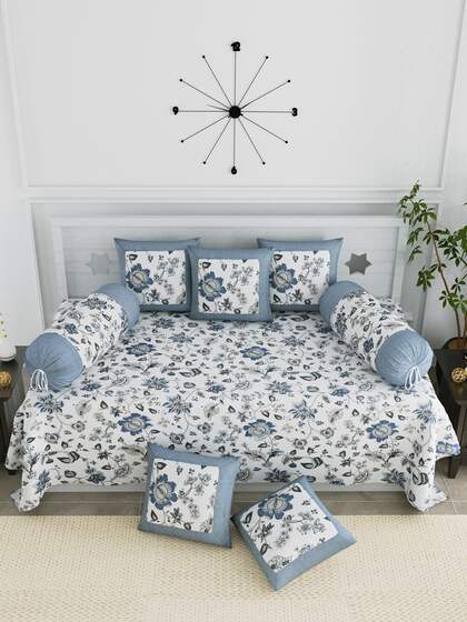 LIVING ROOTS Set Of 8 Grey & White Floral Cotton Diwan Set