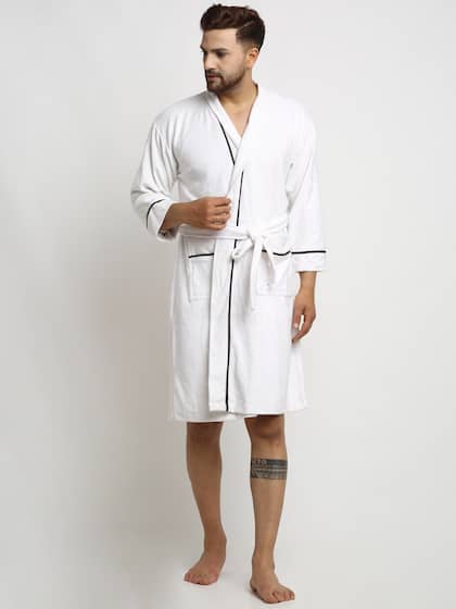 ELEVANTO Men White Solid Pure Cotton 380 GSM Bath Robe