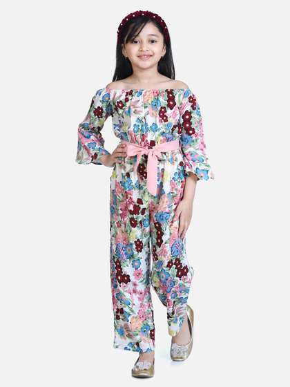 StyleStone Girls Blue
                    & White Off-Shoulder Printed Basic Jumpsuit