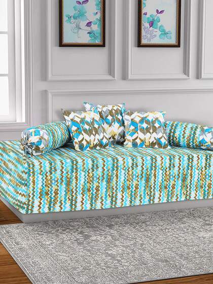 Salona Bichona Set Of 6 Blue & Olive Green Printed Bedsheet With Bolster & Cushion Covers