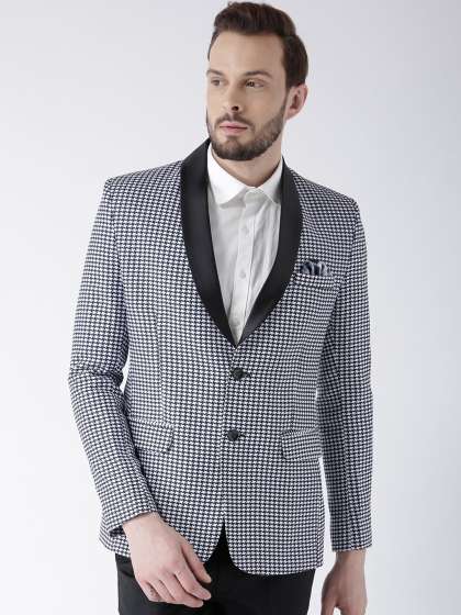 Hangup Men White & Black Printed Checked Tuxedo Blazer