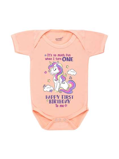 KNITROOT Infants Peach
                    Printed happy Birthday Theme Cotton T-shirt