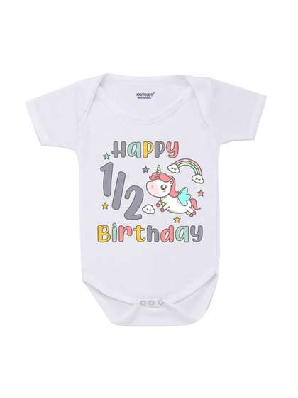 KNITROOT Infants Kids
                      Printed Happy Half Birthday White Cotton Bodysuit