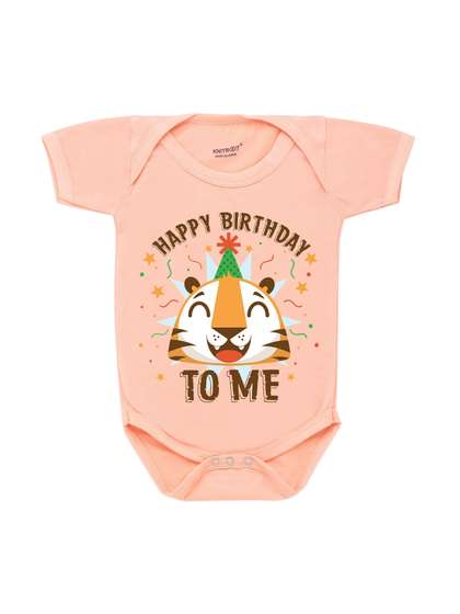 KNITROOT Infant Kids
                    Peach-Coloured & Brown Tiger Happy Birthday To
                    Me Printed Bodysuit
