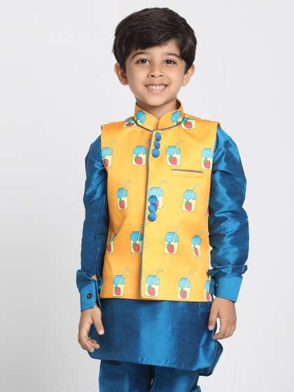 VASTRAMAY Boys Printed Slim-Fit Satin Nehru Jacket