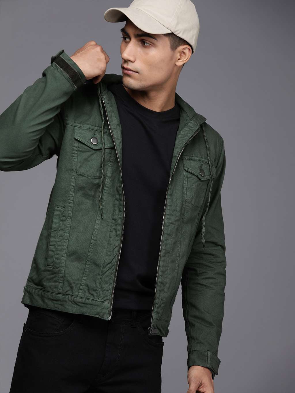 WROGN Men Olive Green Solid Hooded Cotton Denim Jacket — image 1 of 8