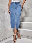 CHALODIA Women Denim High-Waist Pencil Cut Out Midi Skirt view 5