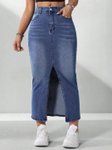 CHALODIA Women Denim High-Waist Pencil Cut Out Midi Skirt view 4