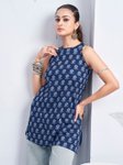 Kaftanize Blue & Red Floral Block Printed Halter Neck Pure Cotton Short Kurti view 3