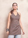 Kaftanize Floral Printed Halter Neck Sleeveless Backless Pure Cotton Short Kurti view 3