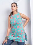 Kaftanize Blue & Red Floral Block Printed Halter Neck Pure Cotton Short Kurti view 2
