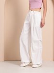 Mast & Harbour Women Crinkled Effect Mid-Rise Flared Fit Wide Leg Trousers view 1