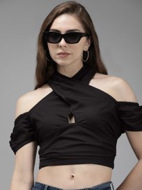 Buy Tokyo Talkies Blue Striped Shirt Style Crop Top With Inner