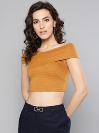 Buy URBANIC Mustard Yellow Solid Cropped Fitted Top Tops for