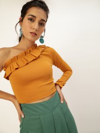 Buy Silly People Women Yellow Solid Bardot Crop Top Tops for