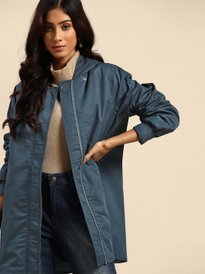 Buy FEMMELLA Women Navy Blue Solid Double-Breasted Overcoat