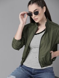 Buy FEMMELLA Women Olive Green Longline Cotton Open Front Jacket