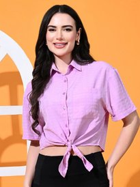 Buy Fuchsia Women Brown Cotton Lapel Collar Shirt Style Top - Tops