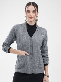 Buy Monte Carlo Women Cable Knit V-Neck Ribbed Cardigan Sweater