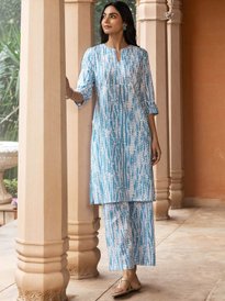 FIORRA Women's Pure Cotton Flared Kurta With Pant Set - Light Blue Printed Indian Ethnic Wear - View #6