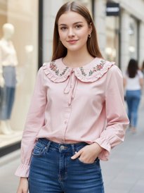 Buy Tokyo Talkies Blue Self Design Mandarin Collar Puffed Sleeves