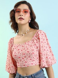 Buy Tokyo Talkies Red & White Floral Printed Puff Sleeves Crop Top