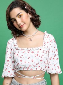 Buy Tokyo Talkies Red & White Floral Printed Puff Sleeves Crop Top