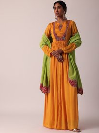 slim fit dress slacks Yellow Chinon Embroidered Anarkali with Dupatta