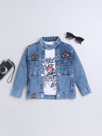 Buy Ministitch Boys Solid Washed Denim Full sleeves Jacket with T