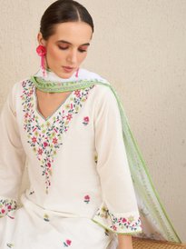 INDO ERA Women's White Bohemian Dress - Cotton, Embroidered, Mandarin Collar, A-Line - View #4