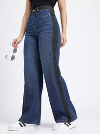 Buy glitchez Women Strap Detail Asymmetric Closure Wide Leg Jeans