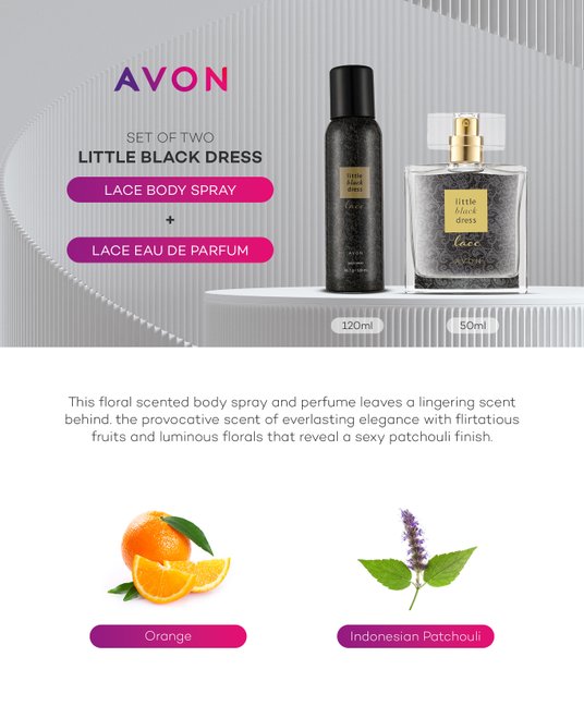 Buy Avon Women Set of Little Black Dress Lace Body Spray 120 ml & Eau De  Parfum 50 ml - Fragrance Combo for Women 21752260 | Myntra