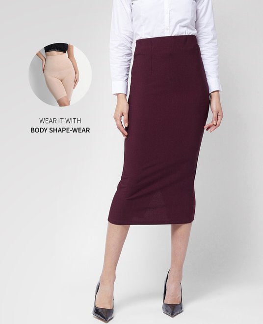 BENANCY Women's High Waist Pencil Skirt With Pockets - Stretchy Midi Length, Burgundy, Size S (27.5" Waist)