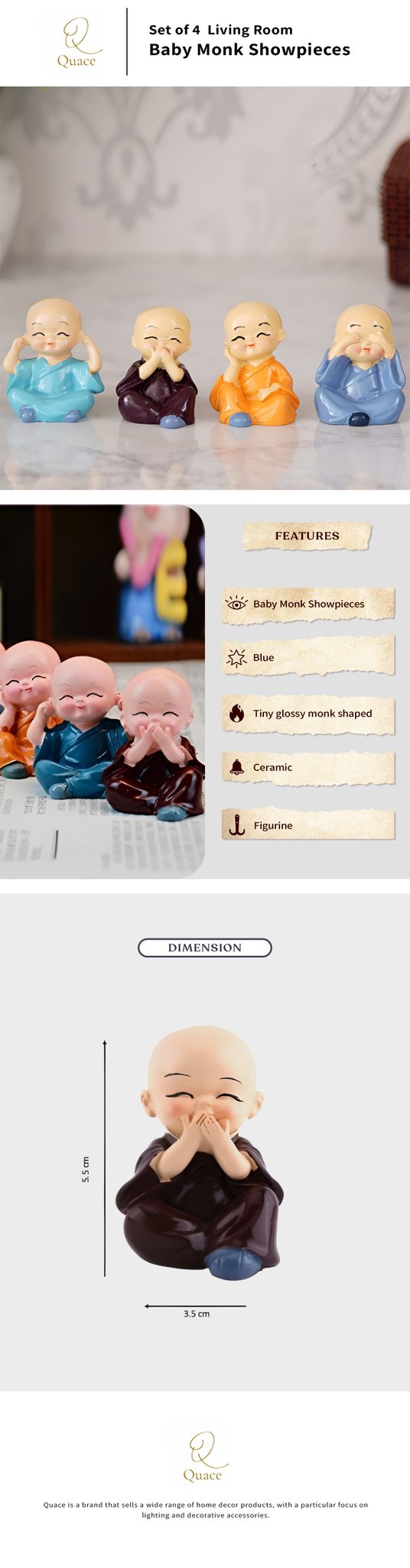 Buy Quace Baby Monk Blue Ceramic Glossy Living Room Set of 4 Tiny