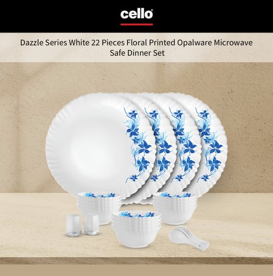 Cello Dazzle Series White Floral Opalware Dishwasher and Microwave Safe 22  Piece Dinner Set