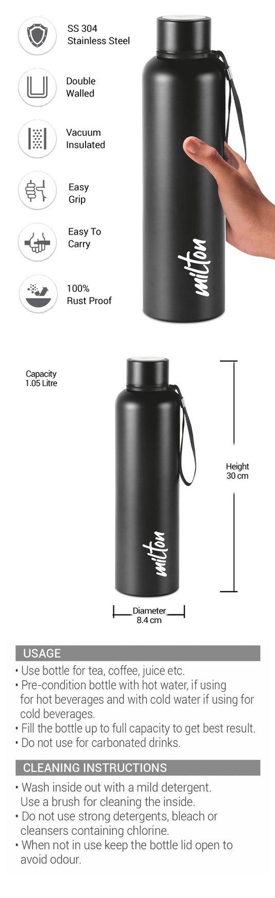 Buy Milton Aura Black Solid Stainless Steel Double Wall Vacuum