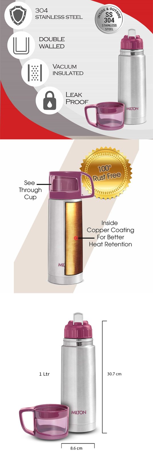 Buy Milton Purple Solid Stainless Steel Spill Proof Flask 1L