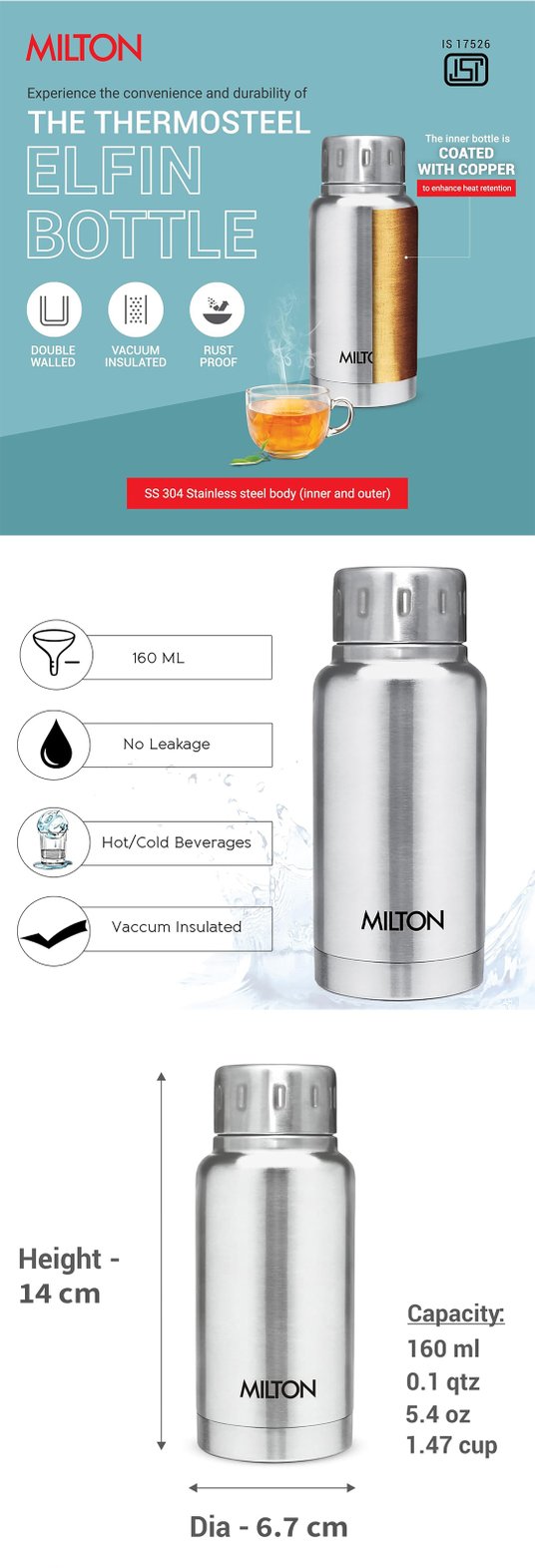Buy Milton Elfin Silver Thermosteel Spill Proof Water Bottle