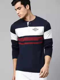 Striped Henley Neck Pure Cotton T-shirt