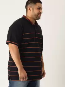 Plus Size Striped Polo Collar Pure Cotton T-shirt