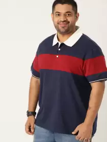 Plus Size Colourblocked Polo Collar Pure Cotton T-shirt